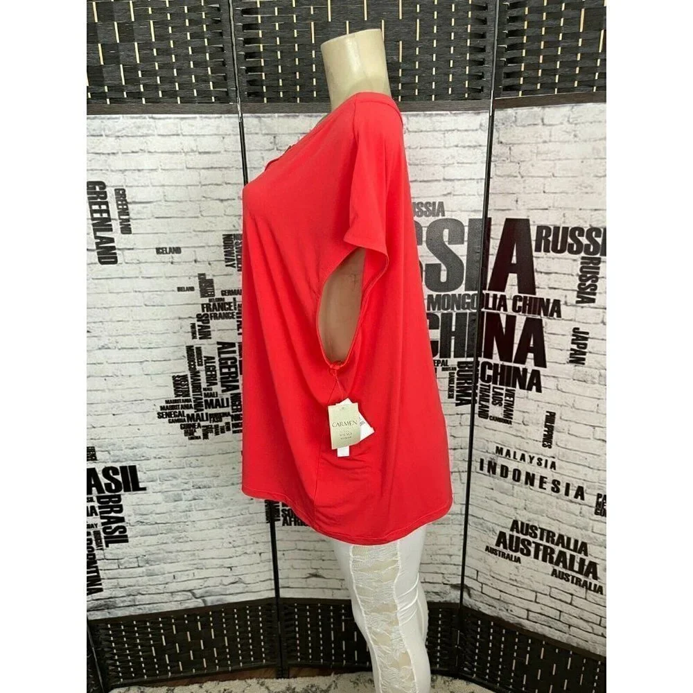 Carmen Marc Valvo Plus 3X Coral Split Neck Metal Chain Detail Sleeveless Top - Picture 5 of 6